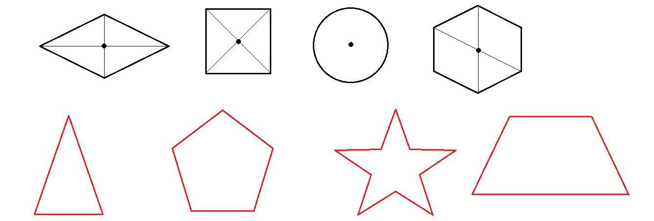 Каких фигур точка o является центром симметрии. Фигуры обладающие центральной симметрией. Симметричные геометрические фигуры. Центр симметрии фигуры. Центральная симметрия примеры фигур.
